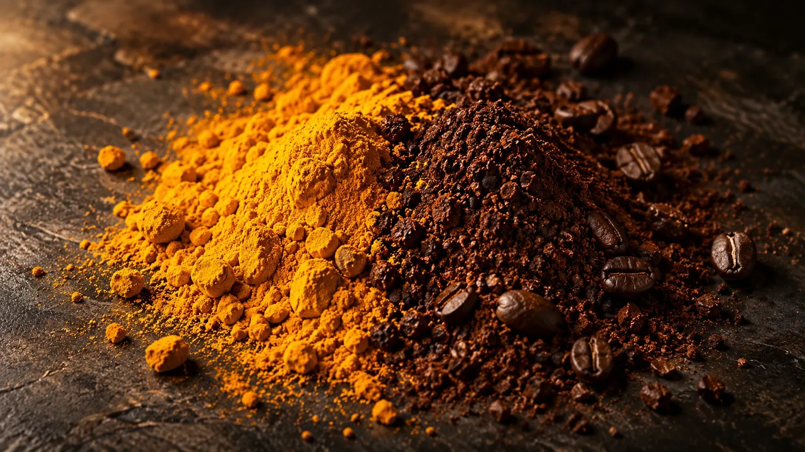 Turmeric and coffee powder meeting unevenly