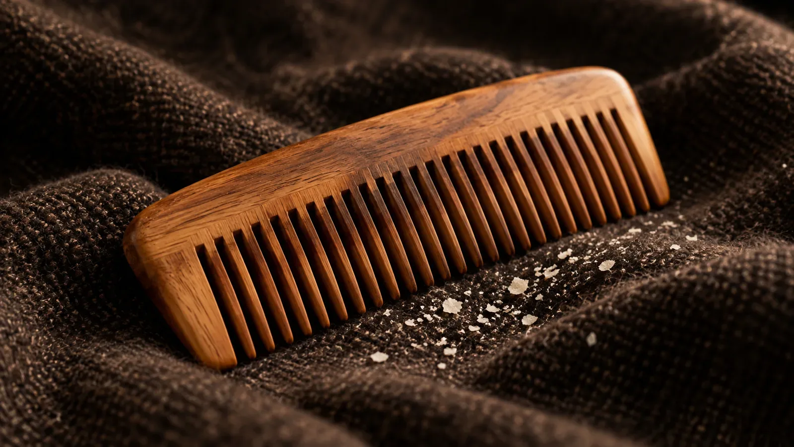 A neem-wood comb on dark wool, with fine flakes