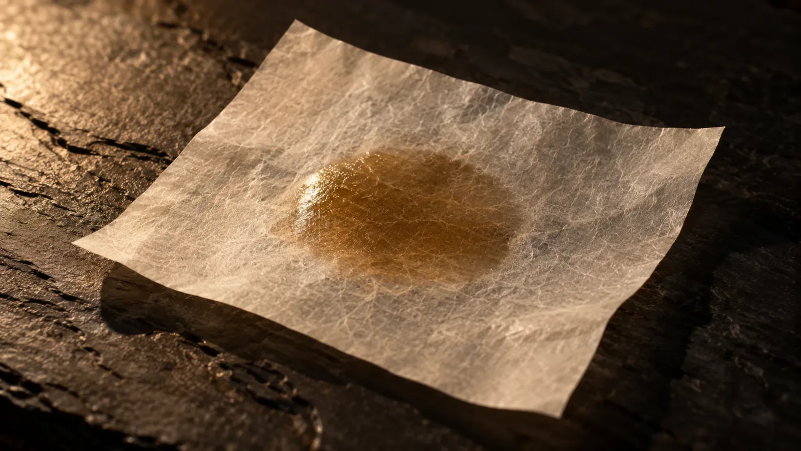 Blotting paper with an oil spot, on dark slate