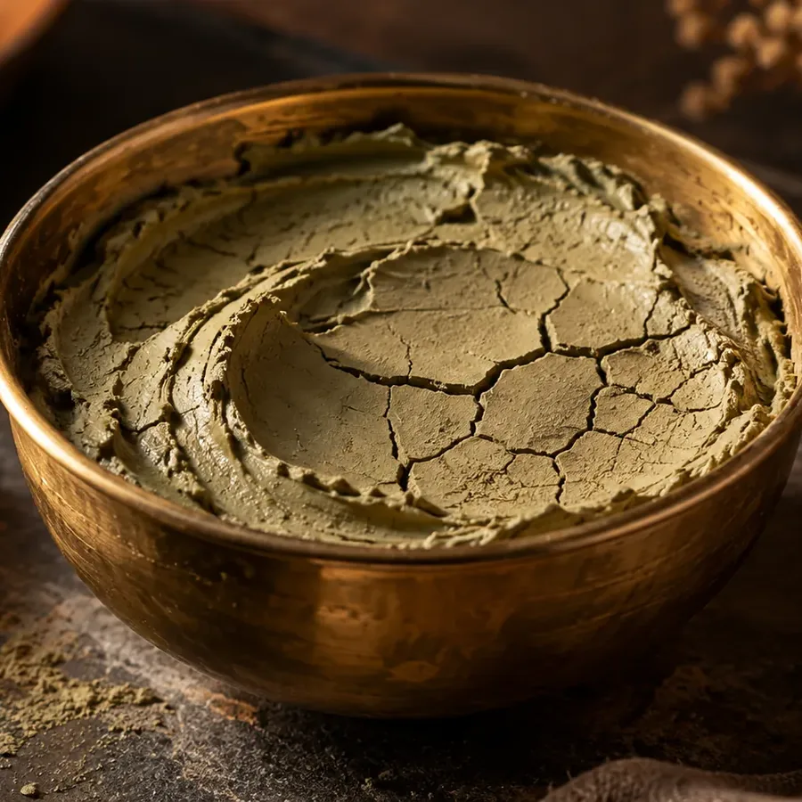 A multani mitti clay mask cracking in a brass bowl