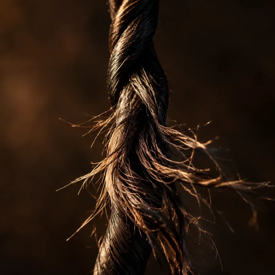 A twisted silk thread fraying at one end