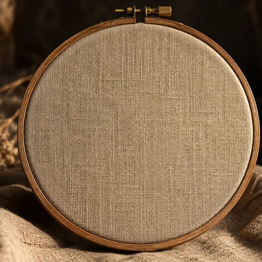 Linen stretched taut in an embroidery hoop