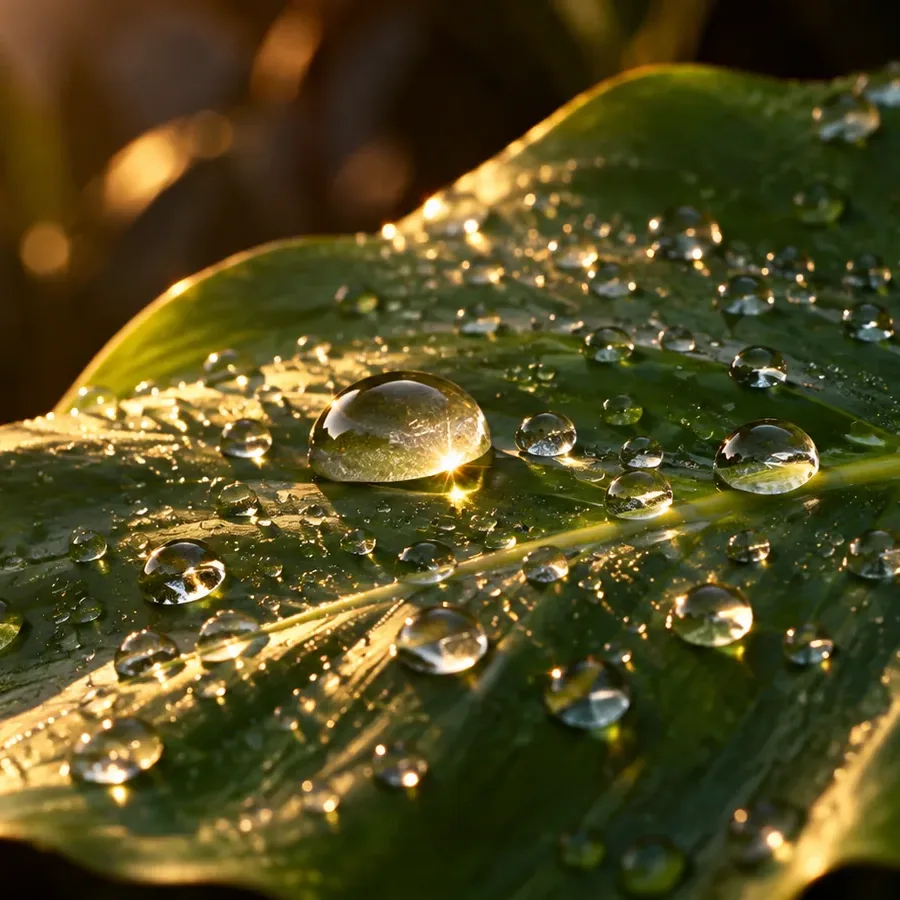 Dew drops beaded on a green leaf