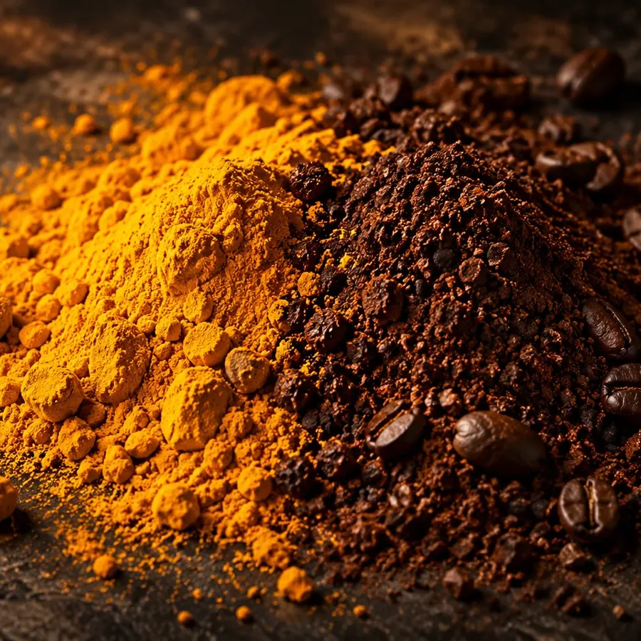 Turmeric and coffee powder meeting unevenly