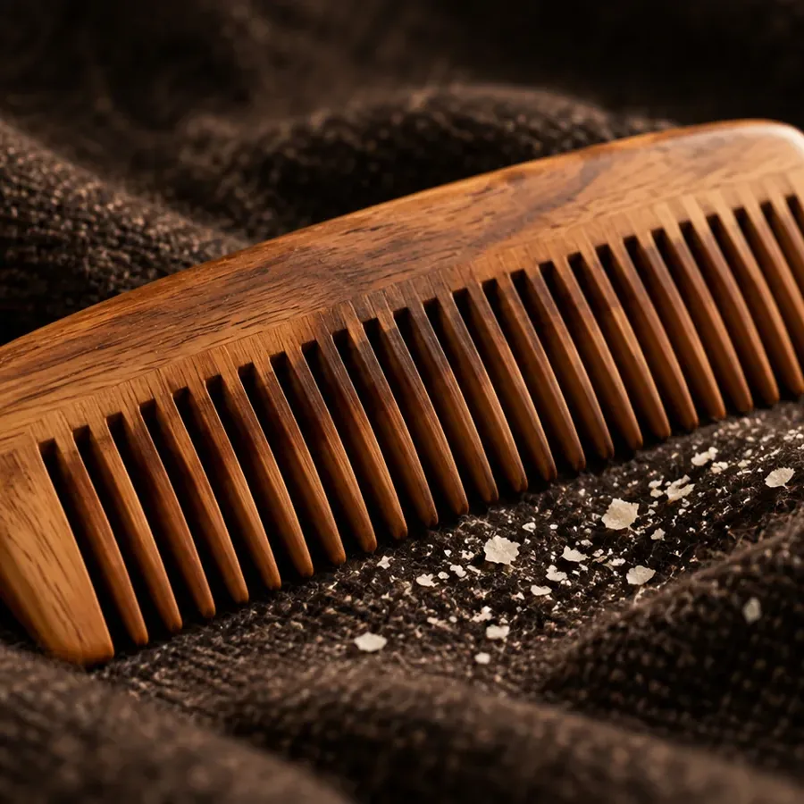 A neem-wood comb on dark wool, with fine flakes