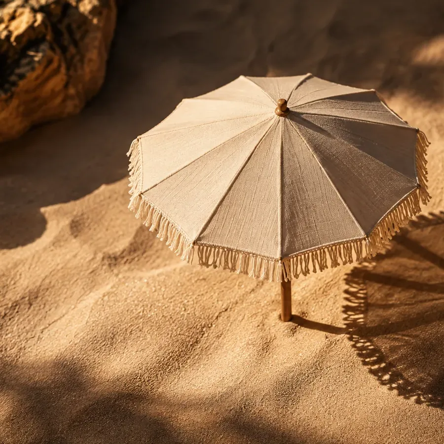 A parasol casting shade on sunlit sand