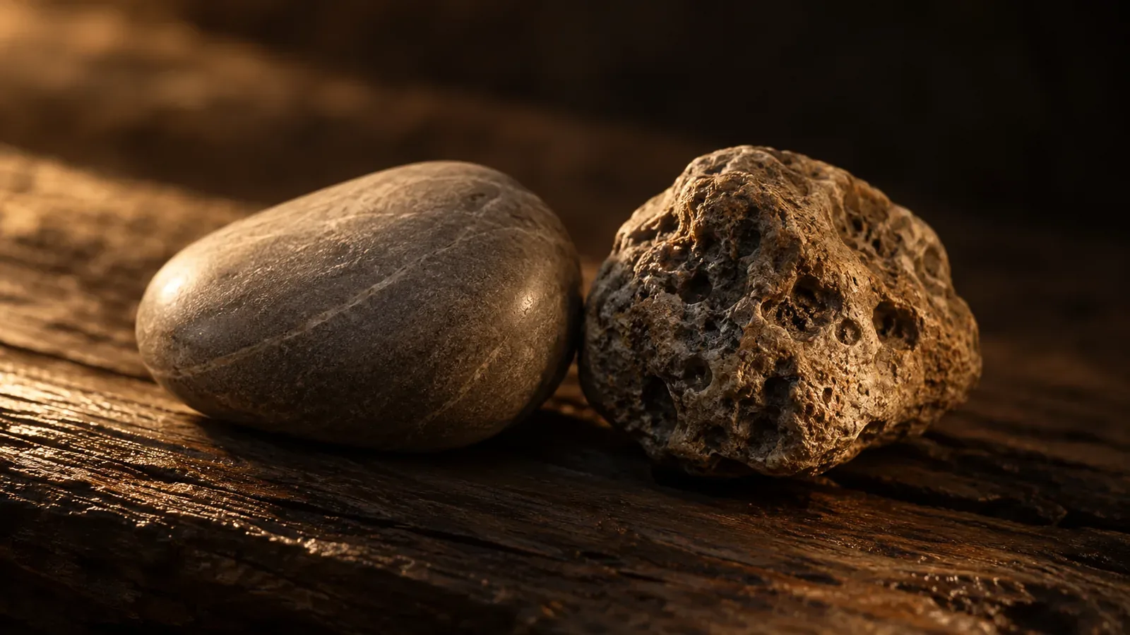 A smooth pebble beside a rough, pitted stone