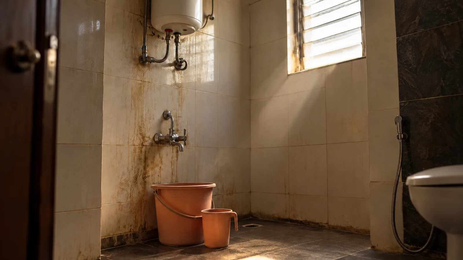 A bucket and mug under a geyser, hard-water staining