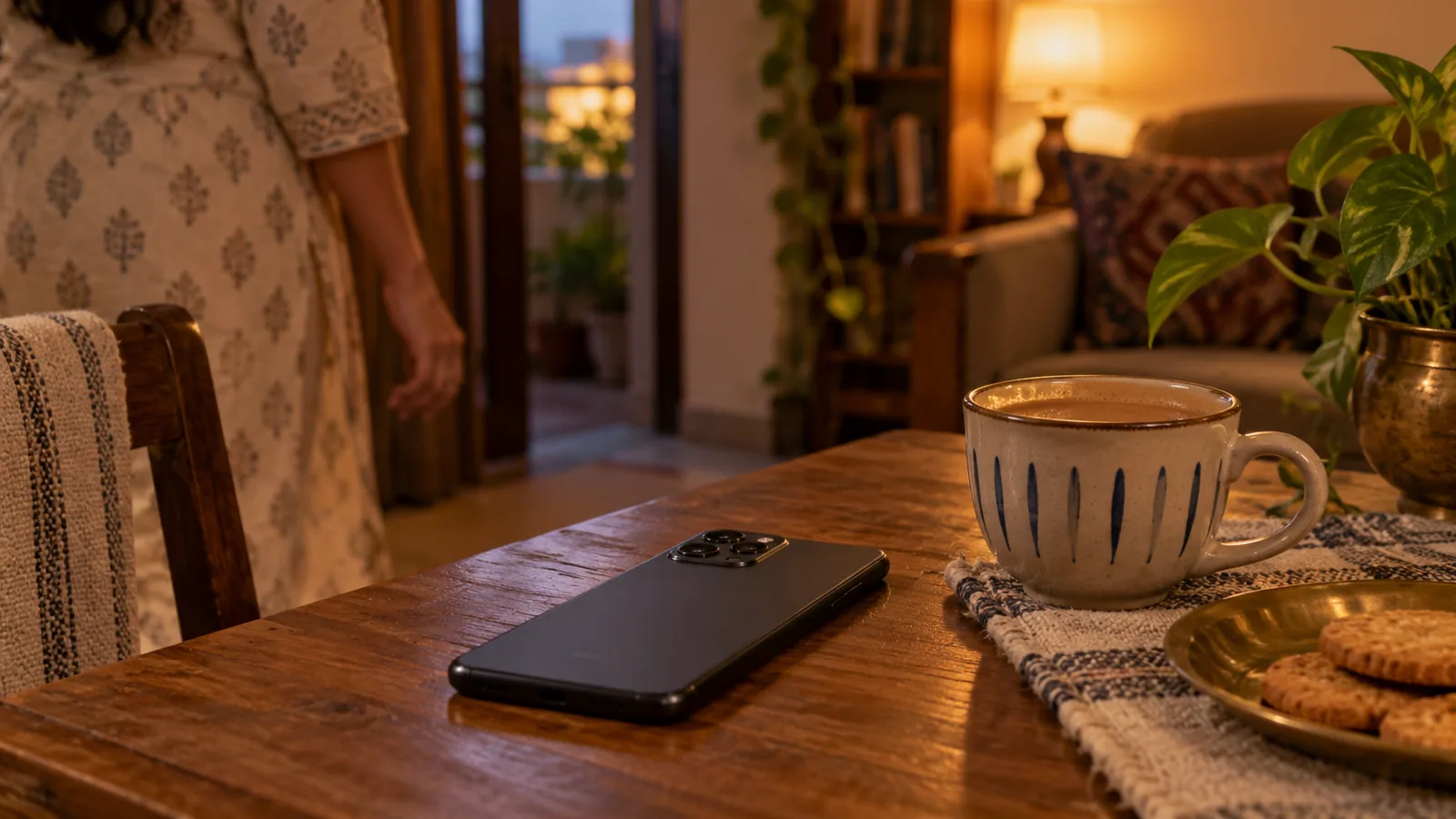 A phone face down beside a cup of chai