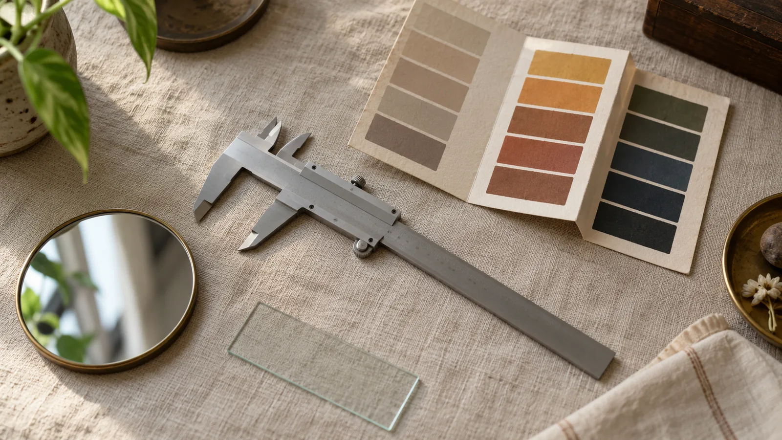 Measuring instruments laid out on pale linen