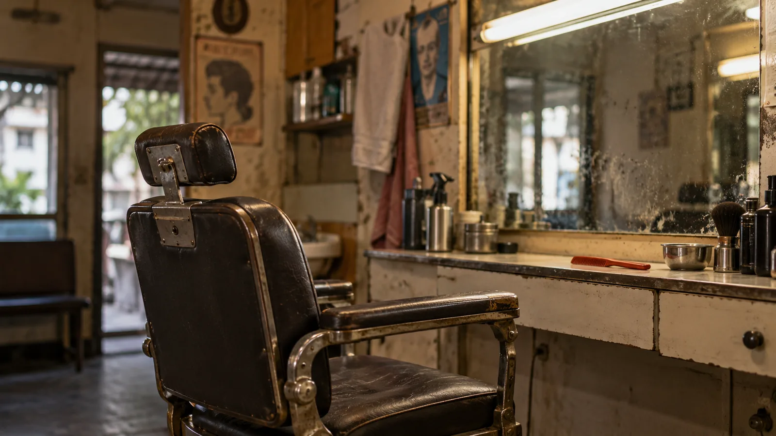 An empty barber chair facing a spotted mirror