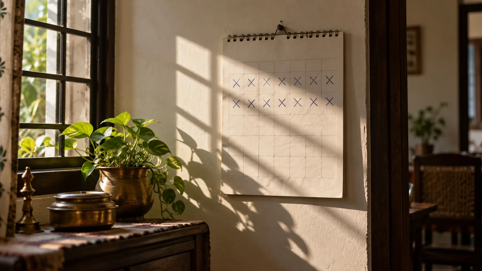 A fortnight marked off on a paper calendar
