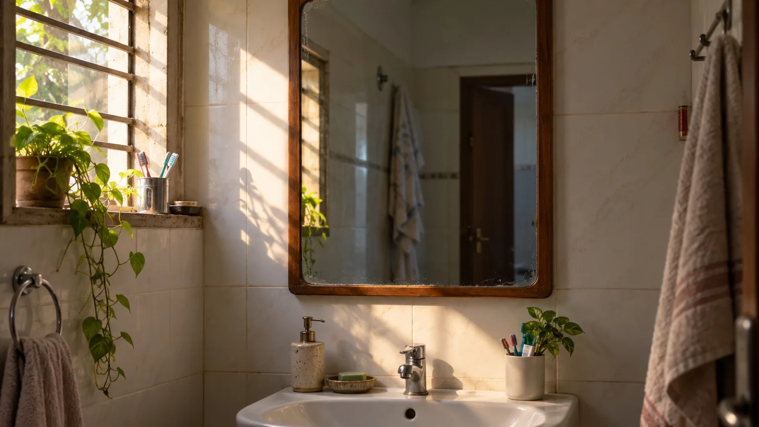 Morning light on a mirror in a tier-2 home