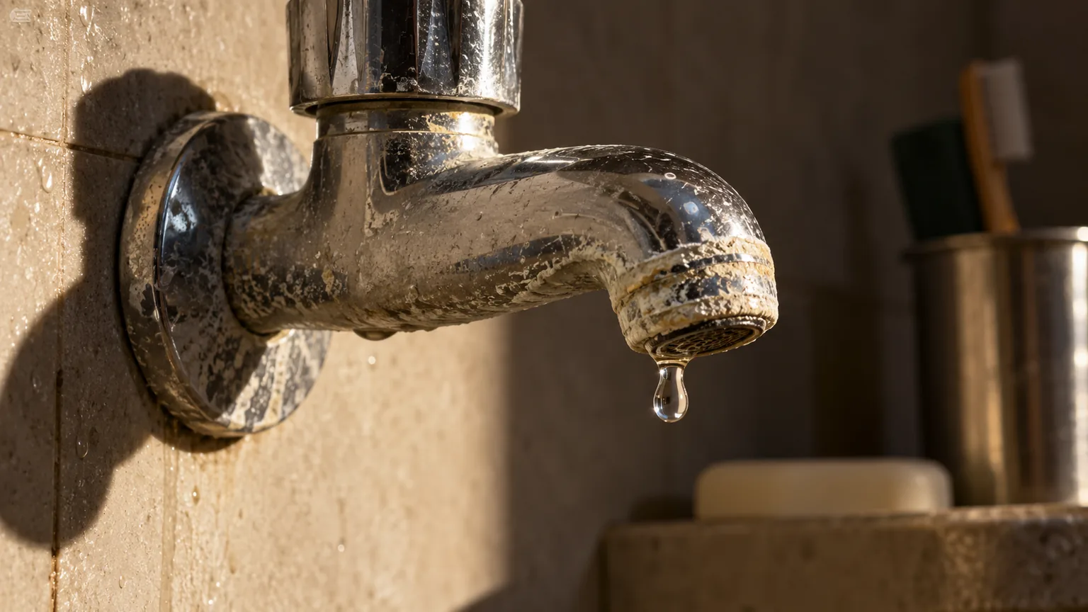 Limescale around a tap, one drop forming