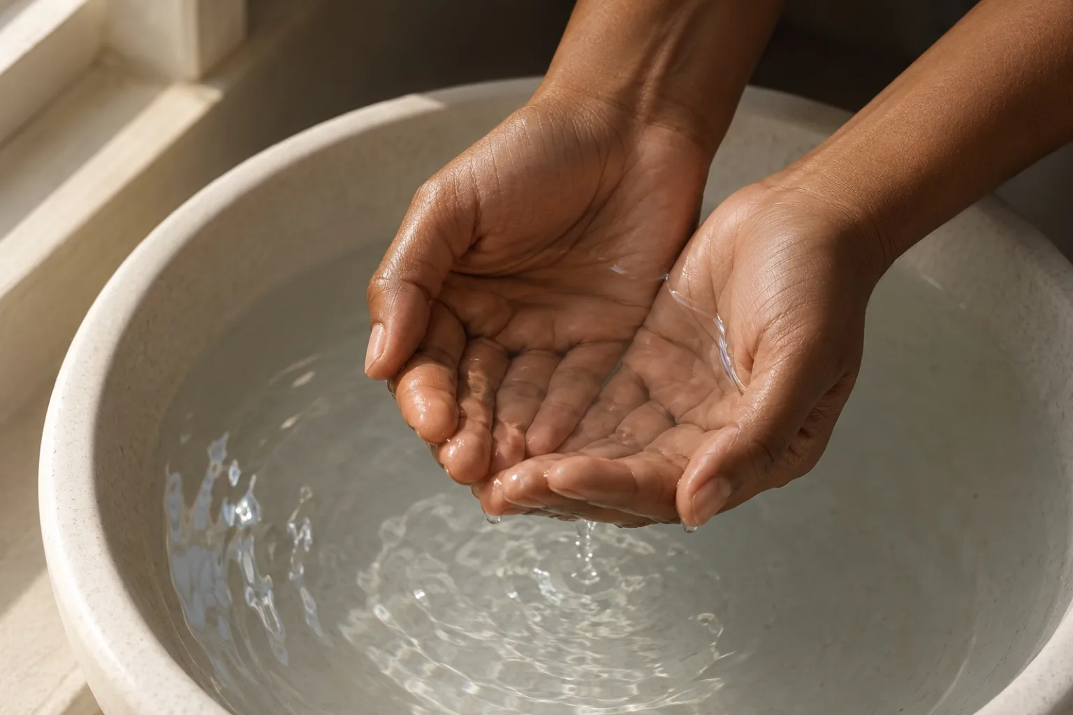 Water cupped in hands at a basin
